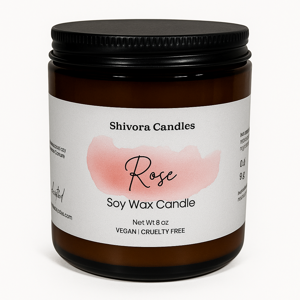 Rose 8 oz Soy Candle – Handmade Soy Candle Made in Ontario, Canada with Natural Soy Wax, Cotton Wick and Amber Glass Jar | Shivora Candles
